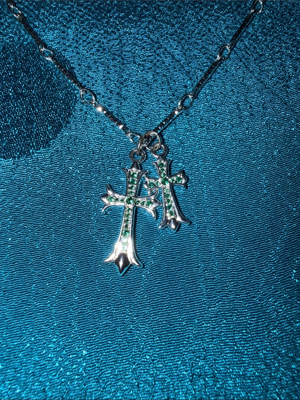 Silver Cross Pendant Necklace with Green Stones - Women Jewelry